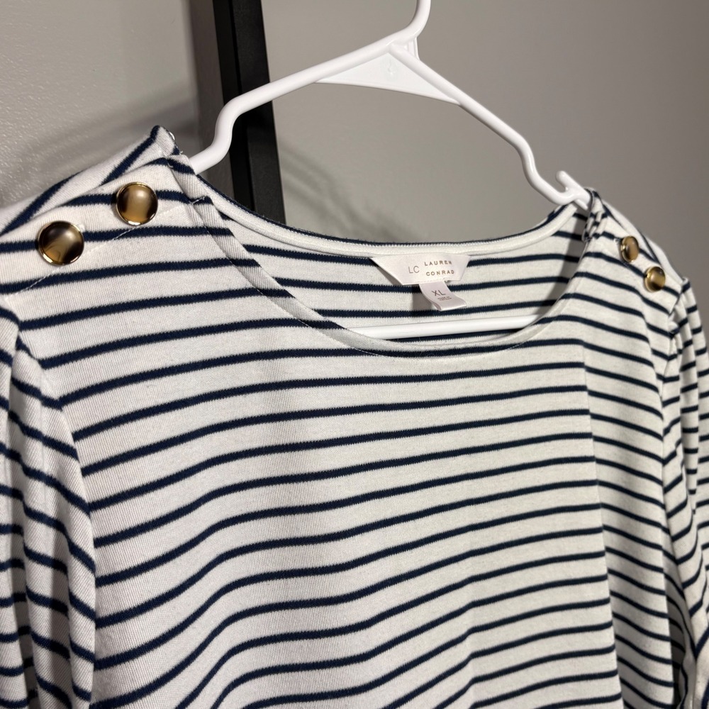 LC Lauren Conrad Striped Long Sleeve Top Navy White Button Shoulder XL - Picture 2 of 5